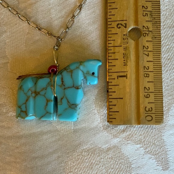 Hand-carved Turquoise Zuni Horse Fetish on Silver Chain Necklace - Picture 7 of 7